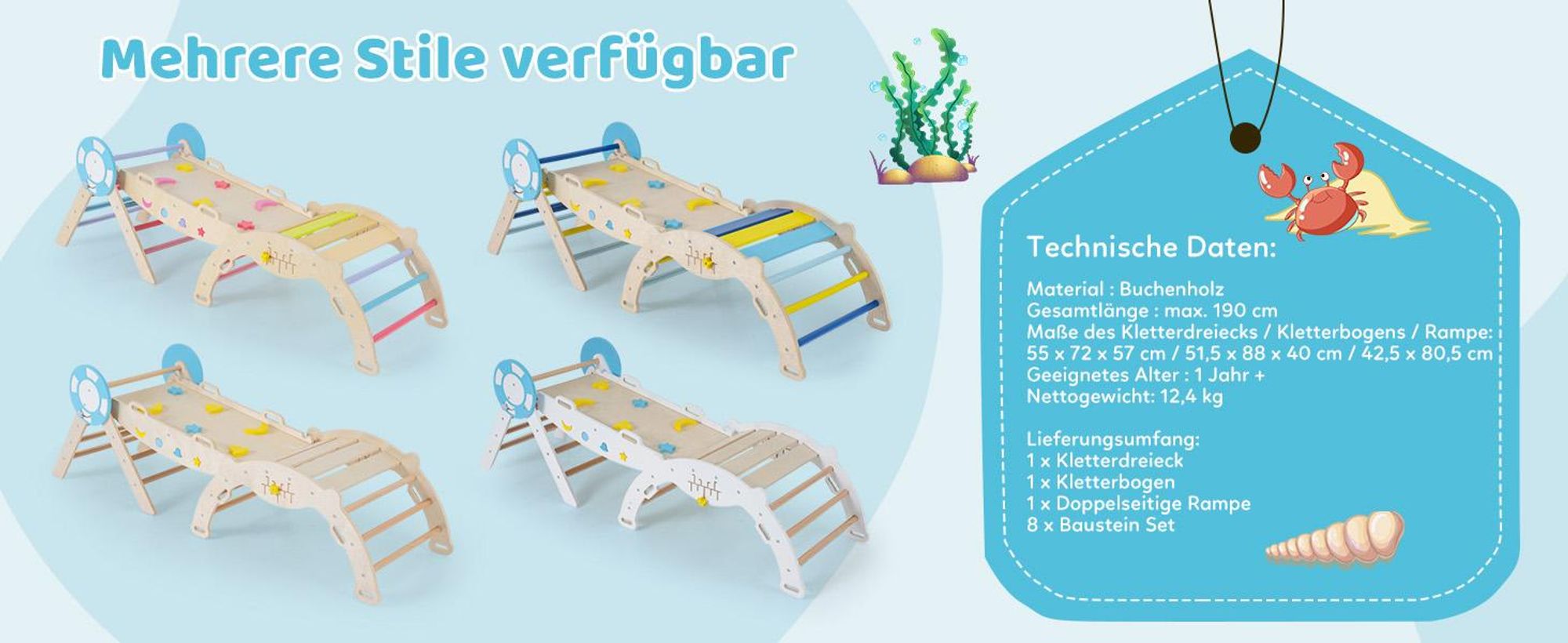COSTWAY Klettergerüst Indoor 3er Set, klappabres Kletterdreieck mit Rutsche, Kletterbogen, doppelseitige Rampe&Baustein Set, für Kinder 1+