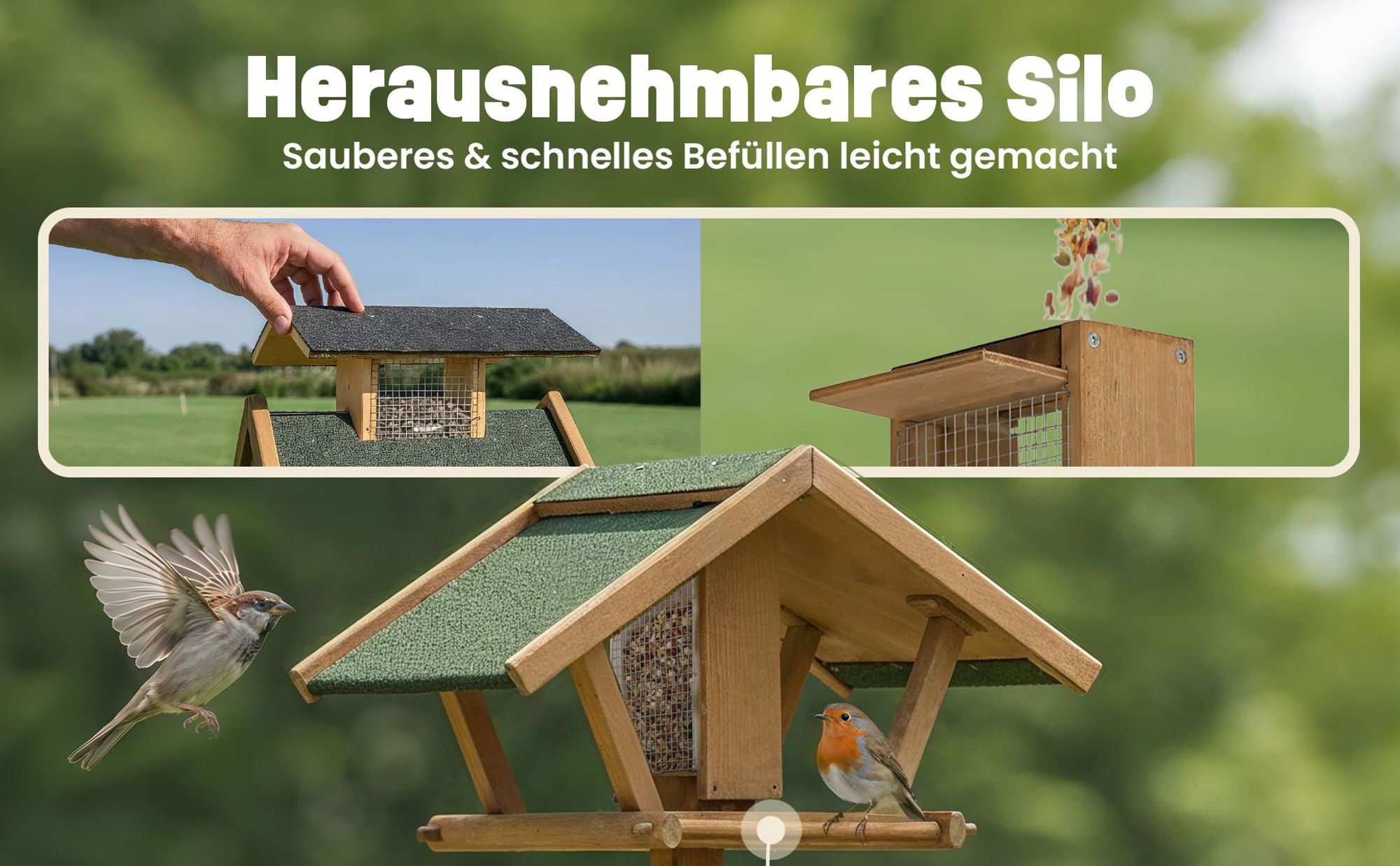 Vogelhaus mit Ständer zooprinz Bird Heaven | 120 cm Höhe | Massivholz Kiefer | Futtersilo & Bitumendach | Wetterfest