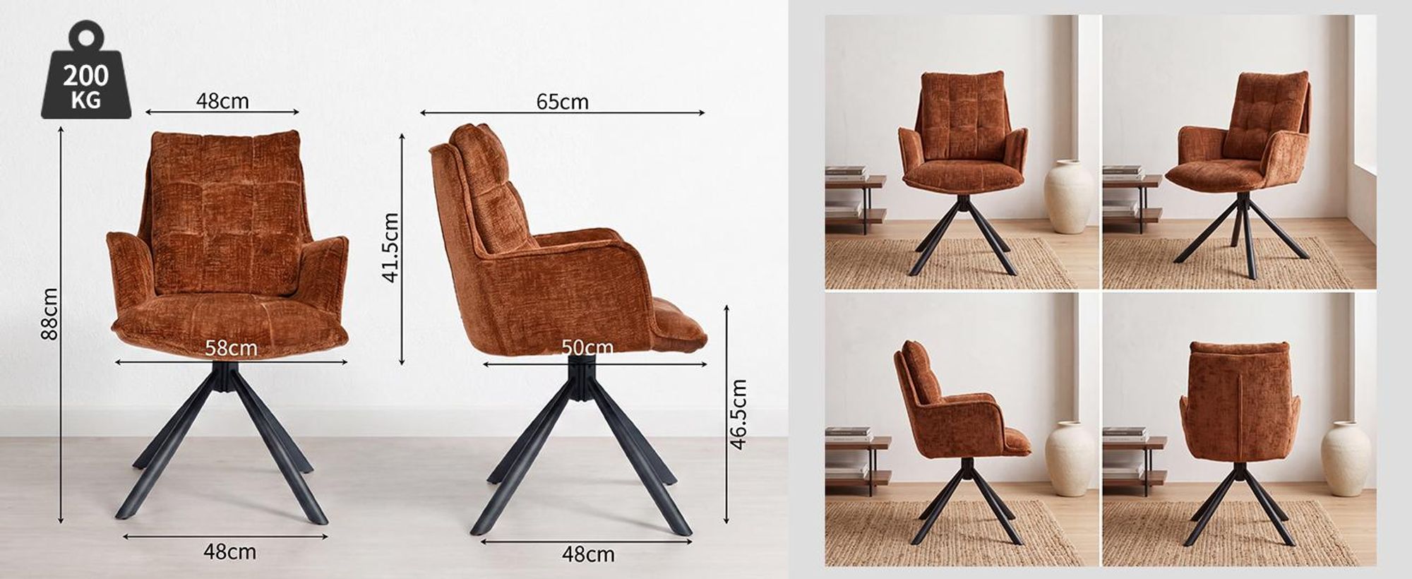 Duhome eetkamerstoel, 360° draaibaar, loungestoel, fluweel, ergonomische fauteuil met verstelbare functie, geschikt voor kantoor, keuken, woonkamer, slaapkamer, oranje