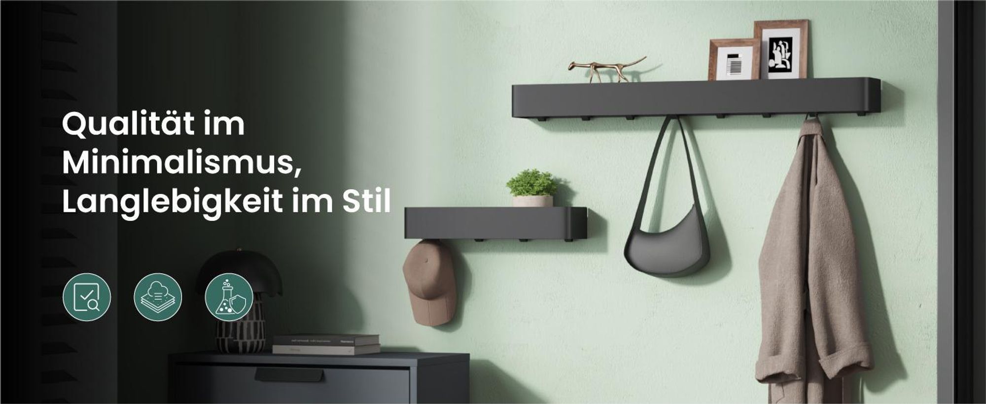 Mai & Mai Wandgarderobe mit Ablage und 4 Haken, Garderobenleiste 40 cm zur Wandmontage, Kleiderhaken für Flur, Badezimmer Sandschwarz Reglo-05