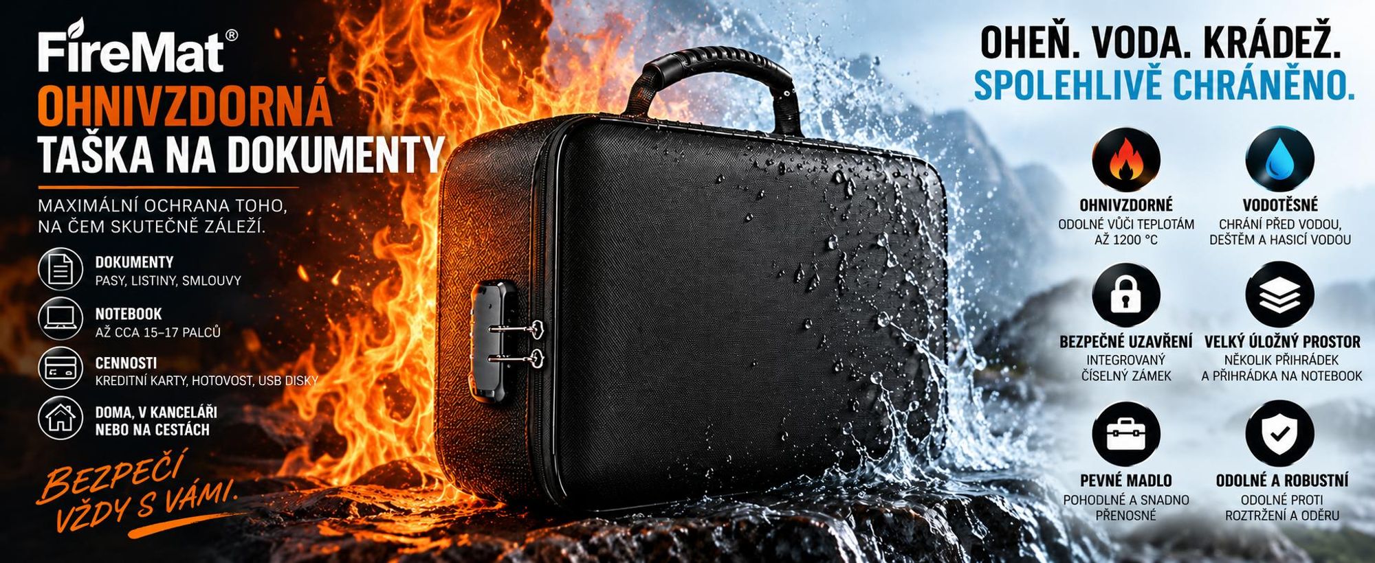 Ohnivzdorný kufřík FireMat na dokumenty, notebook a cennosti.