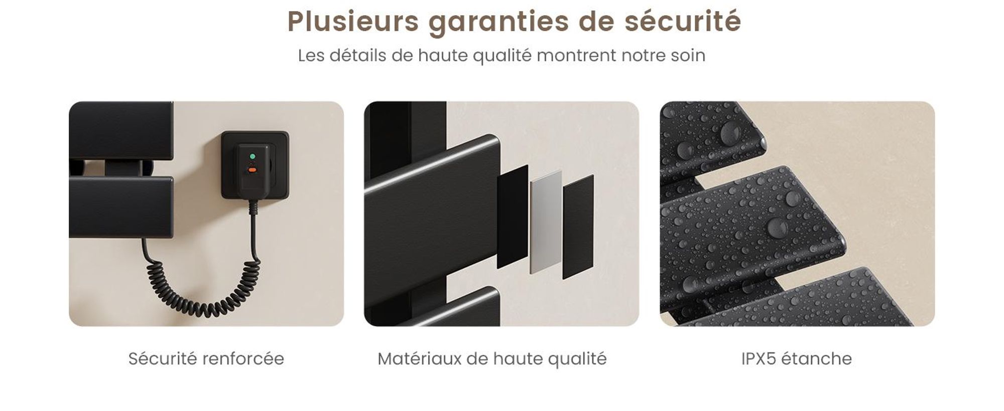 EMKE Sèche-serviettes électrique 1000X500mm 320W noir raccordement à droite, intelligent WiFi App, LCD tactile, Minuterie 1-9H, IPX5