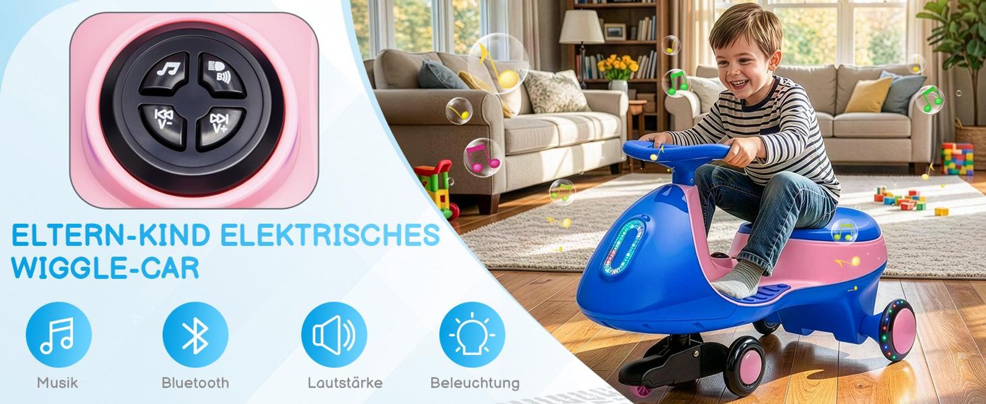 Kinder-Elektroauto 12V, Elektrisches Rutschauto mit Pedal, 2 Geschwindigkeiten und Kippschutz, Bluetooth, für Kinder ab 3 Jahren, Blau & Rosa