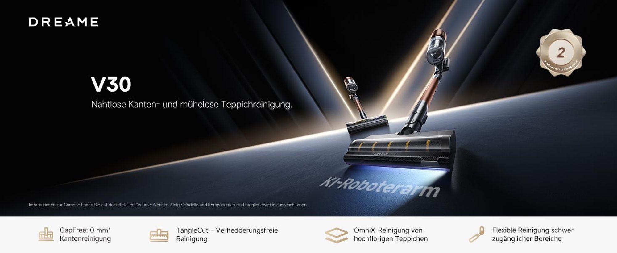 Dreame V30 Akku-Staubsauger, 0-mm-Kantenreinigung, 330 AW Saugleistung, 90 Min., 99,99 % Filterung,TangleCut  Handstaubsauger,140° CelesTect Beleucht