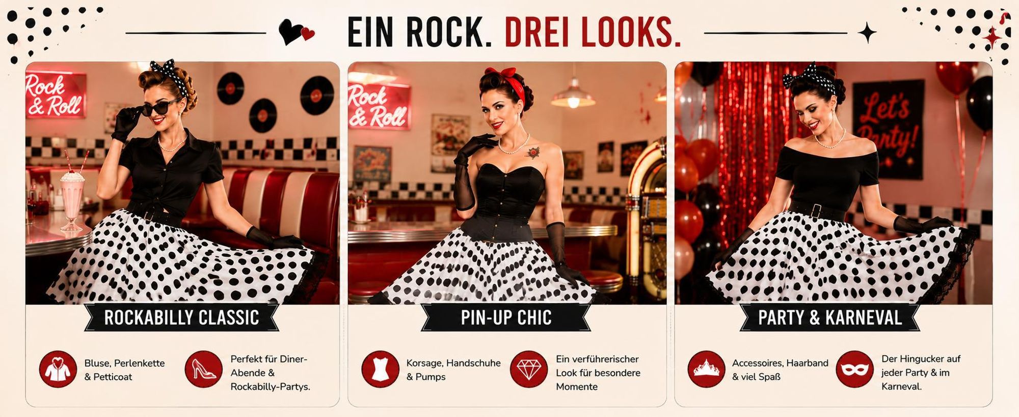 Rockabilly Rock 50er Jahre Schwarz Weiß Vintage Tellerrock im Rock'n'Roll Stil mit klassischem Polka-Dot-Muster (34)