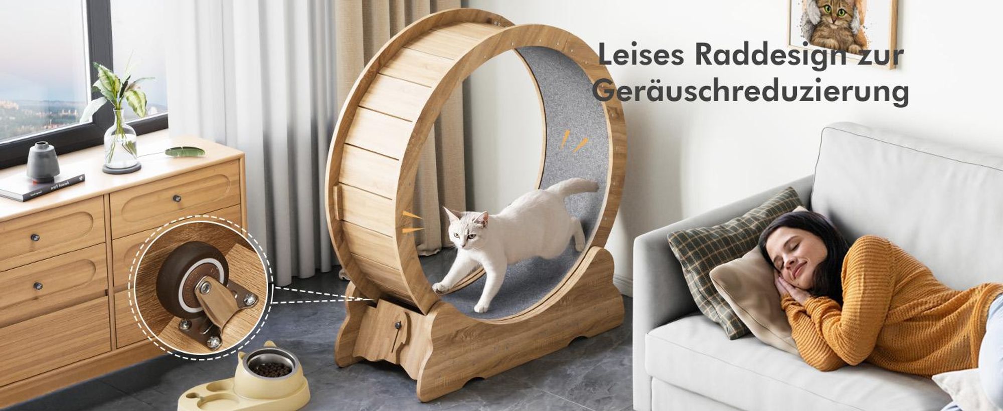Mondeer Tier-Intelligenzspielzeug Laufband für Katzen,Innendurchmesser 80cm,Sicherheitsschloss-Design, Leises Scrollrad,90 x 97 x 36CM Naturholz