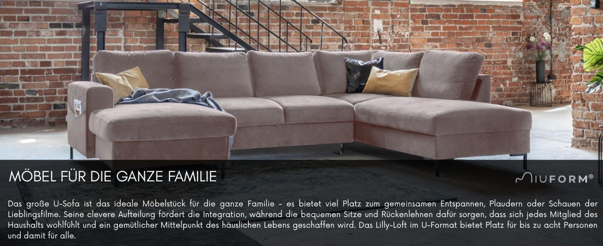 MIUFORM Lofty Lilly - Ecksofa mit Bettfunktion und Bettkasten U-FORM LINKS - 303 x 197 cm - Velours Dunkelbeige - Sofa Schlafsofa Couch