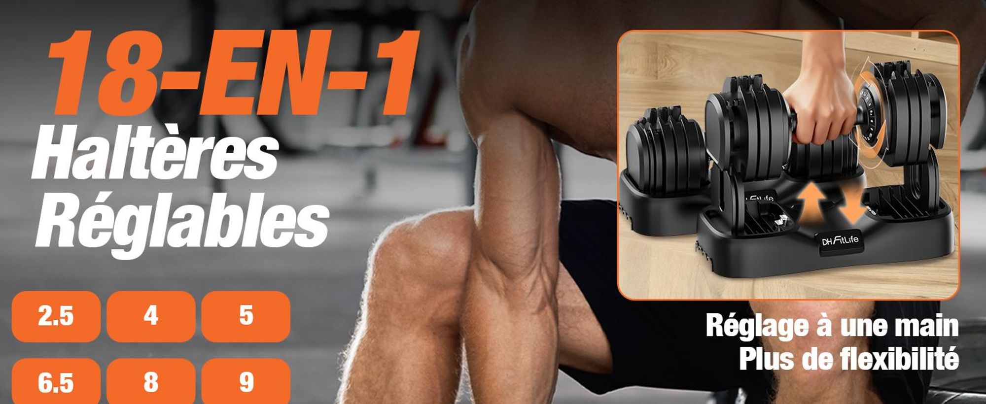 DH FitLife 2026 Neu Paire d’Haltères réglables 2,5 à 25 kg, 18 niveaux de poids, Set avec poids, Haltères ajustables pour hommes et femmes