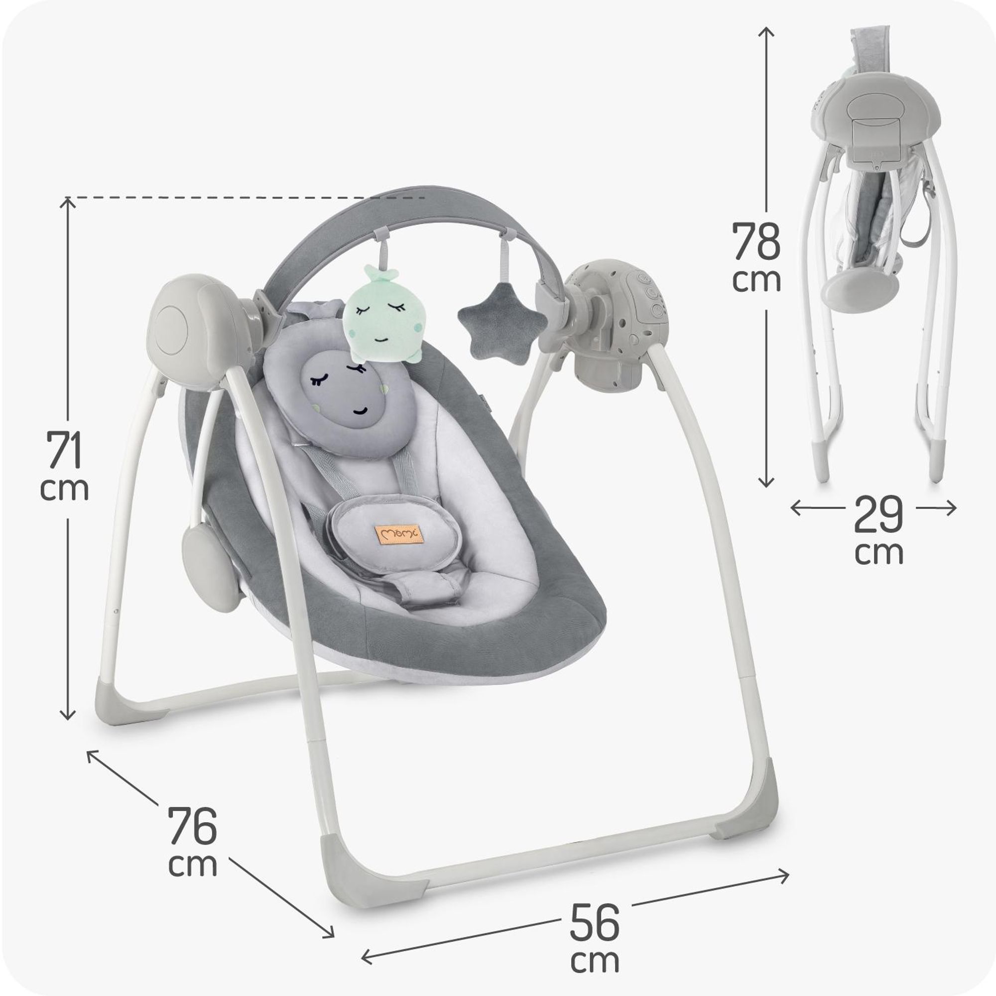 MoMi LISS – Elektrische Babywippe klappbar mit Timer, 5 Geschwindigkeiten, 6 Melodien & verstellbarem Spielbogen - Grau