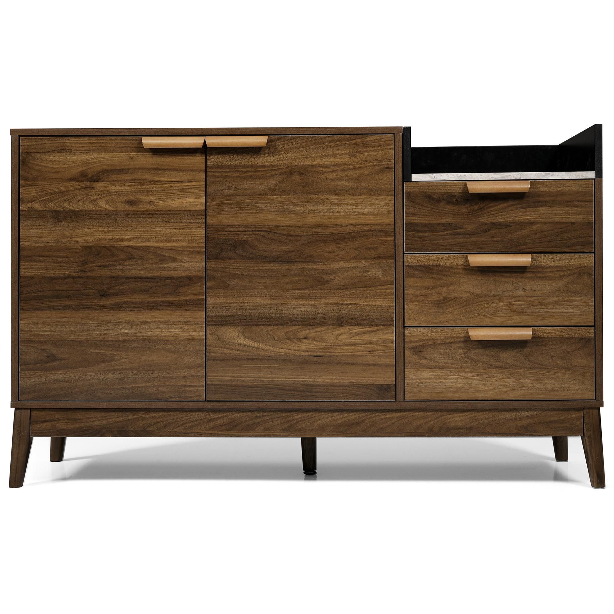 Flieks Kommode Wohnzimmerschrank mit Schubladen und offenem Staufach, Anrichte Sideboard mit Tür und verstellbaren Einlegeböden, Oak