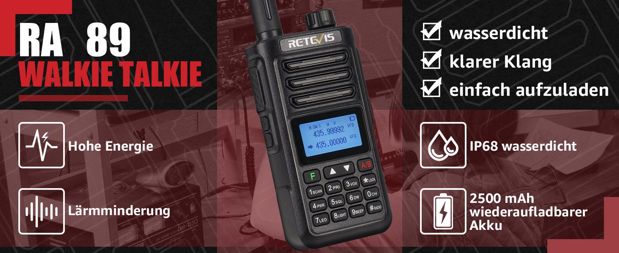 Retevis RA89 Ham Funkgerät, Hochleistungs Dualband Walkie Talkie für draußen, Wasserdicht IP68, Großer Reichweite, Lärmminderung, 2500mAh, Typ-C
