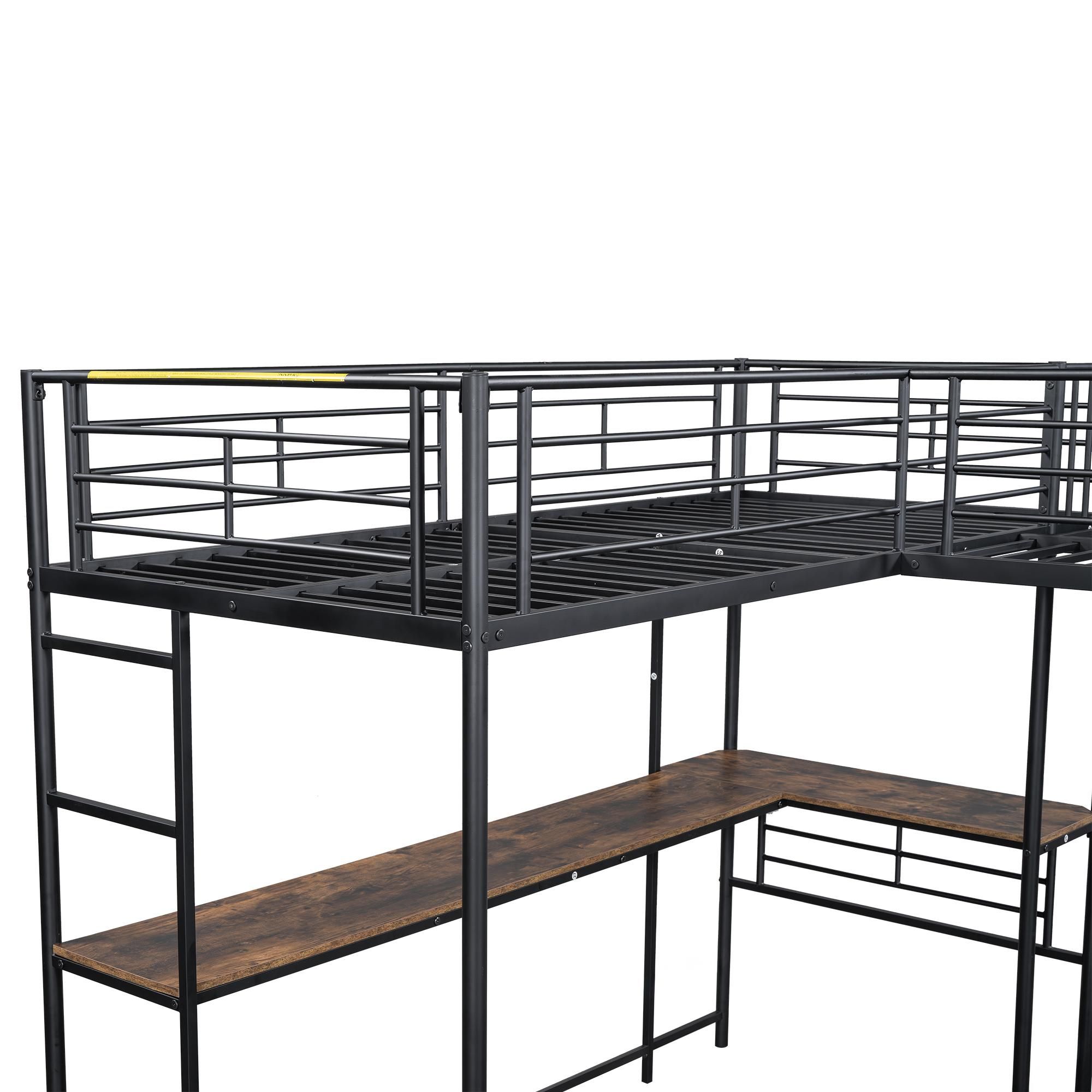 Merax Etagenbett Hochbett 90x200 cm, mit Tisch unter dem Bett, Doppeltreppe, hohes Geländer, 2 Etagenbetten, Metall Kinderbett, Jugendbett, Schwarz
