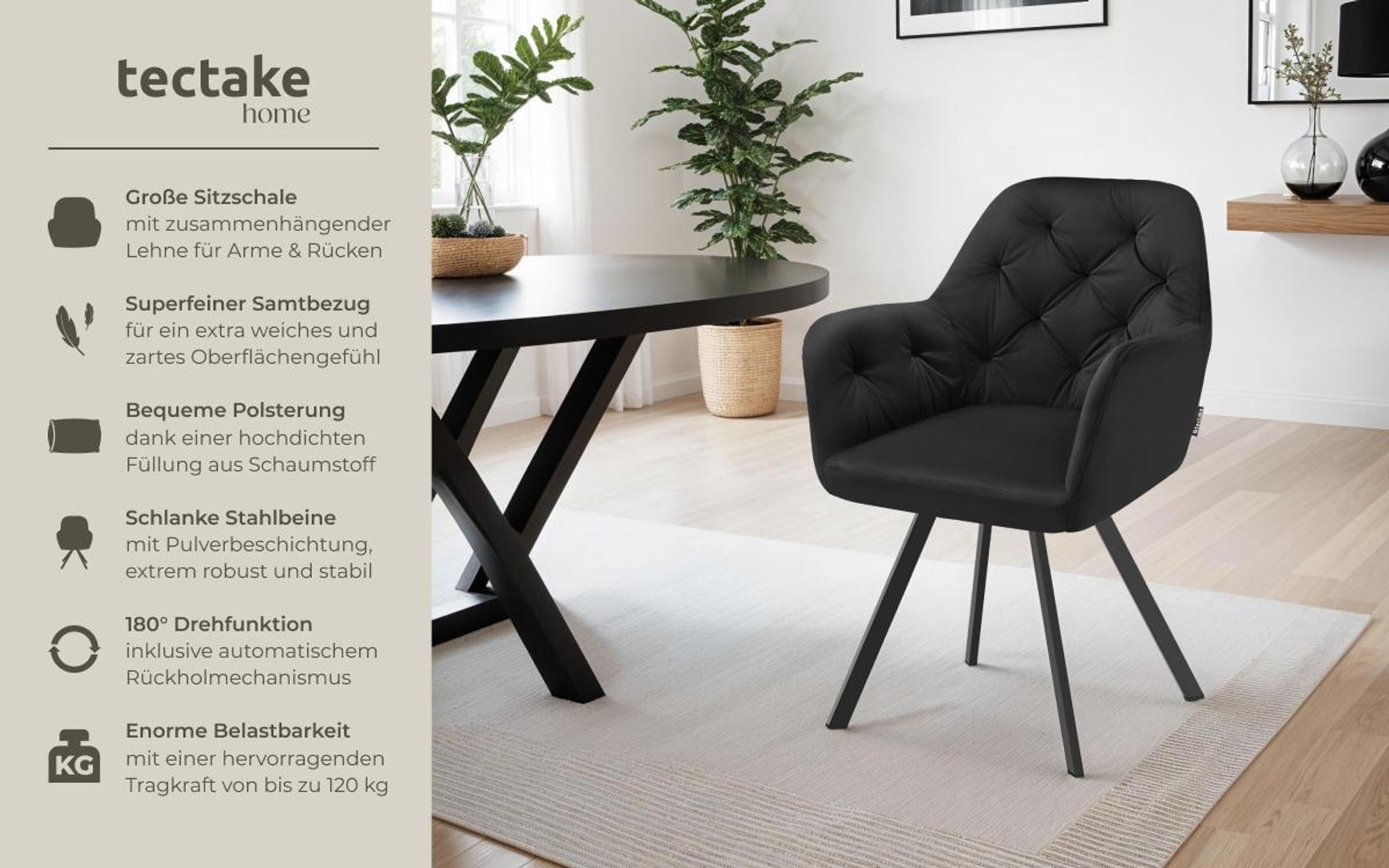 tectake® Drehbarer Samt-Armlehnstuhl Lucia gepolstert, mit Steppmuster 58 x 58 x 87 cm