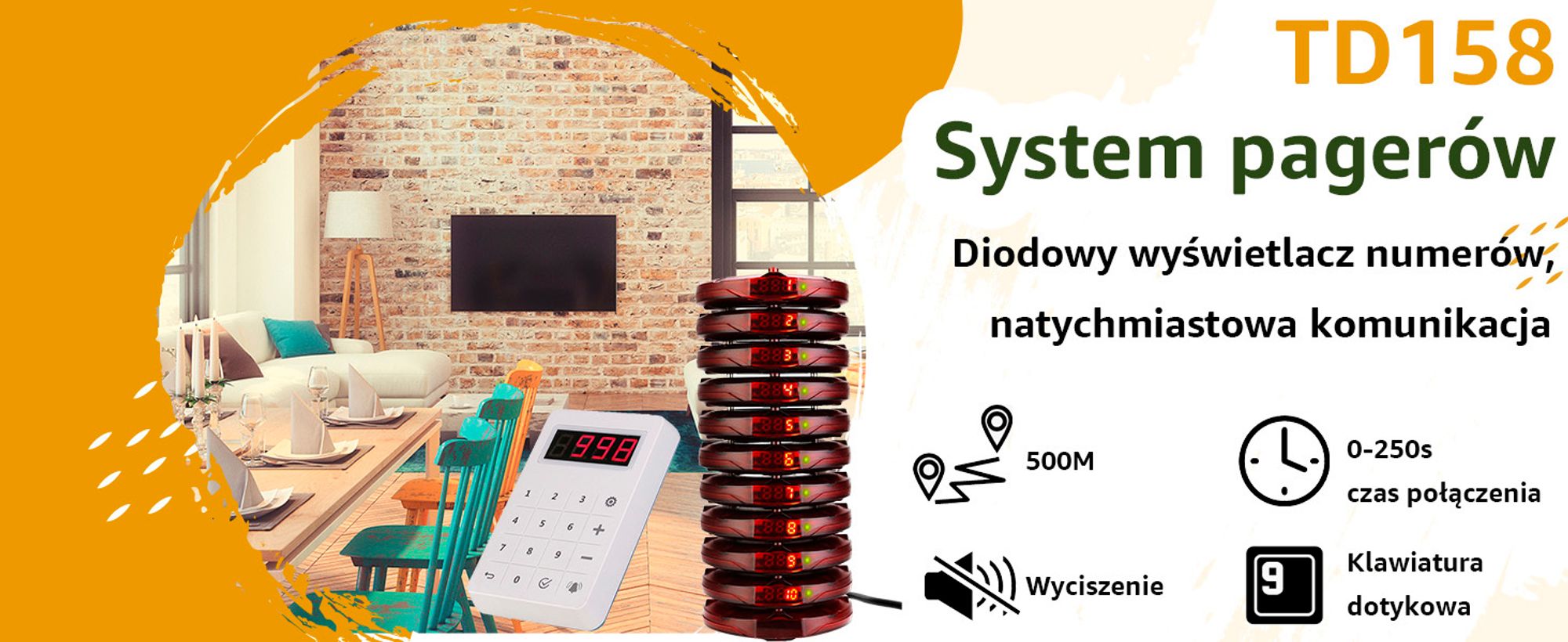 System przywoławczy Retekess TD158, 30 pagerów restauracyjnych, zewnętrzny 500M, wyświetlacz LED, 4 tryby wywoływania, gastro pager do food trucka, hotelu, baru