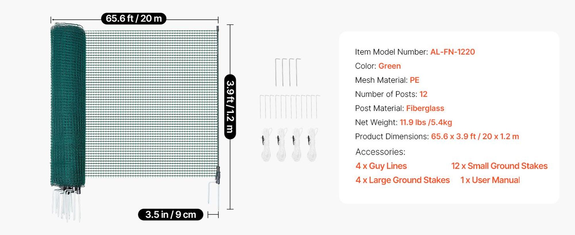 VEVOR Temporäres Zaun mit Pfosten, 0,9 x 50 m Kunststoffnetz-Zaun, Gartensicherheitszaun mit Doppelspitzpfählen & Abspannseilen, Temporärer Zaun für Hunde, Hühner, Pflanzen, Außenbereiche, 20x1.2 m