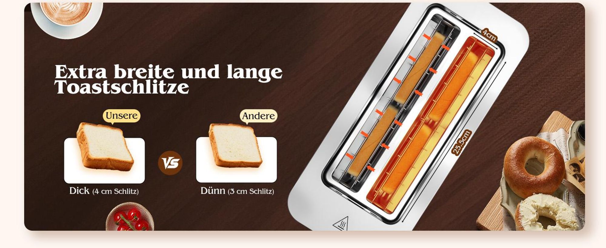 Aigostar Toaster 2/4 Scheiben, 6 Bräunungsstufen, LED-Touchscreen, Toaster Langschlitz , 2 lange Schlitze, 1400 W Brotzentrierung, Edelstahl