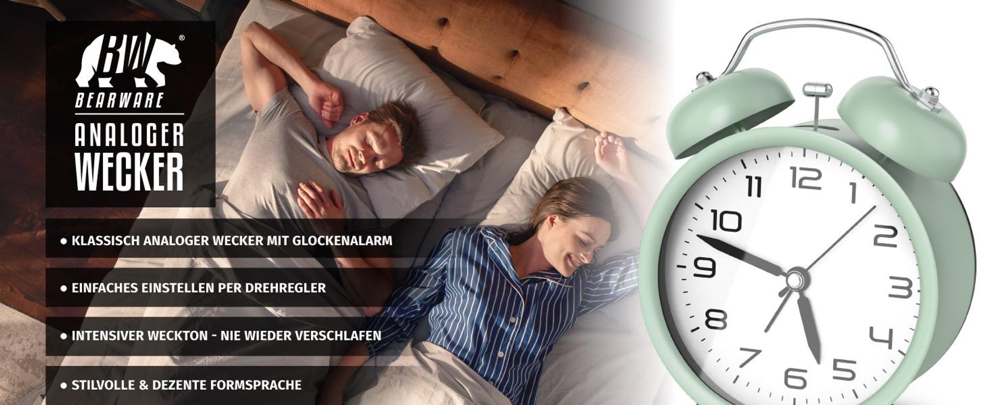 BEARWARE Wecker Analog, rund, mit Licht, Retro, lauter Glockenalarm für Tiefschläfer Einfache Bedienung, weiße Tafel, Beleuchtet, ohne Ticken, Vintage