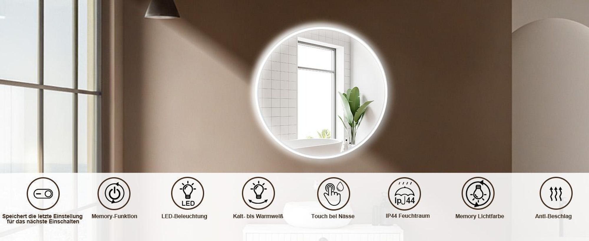 HOKOBadspiegel Anti-fog Rund 80cm mitRahmen+TouchSchalter+LichtWechsel Warmweiß-Kaltweiß-Neutral Licht mit TouchSchalter und Wandschalter einschaltbar