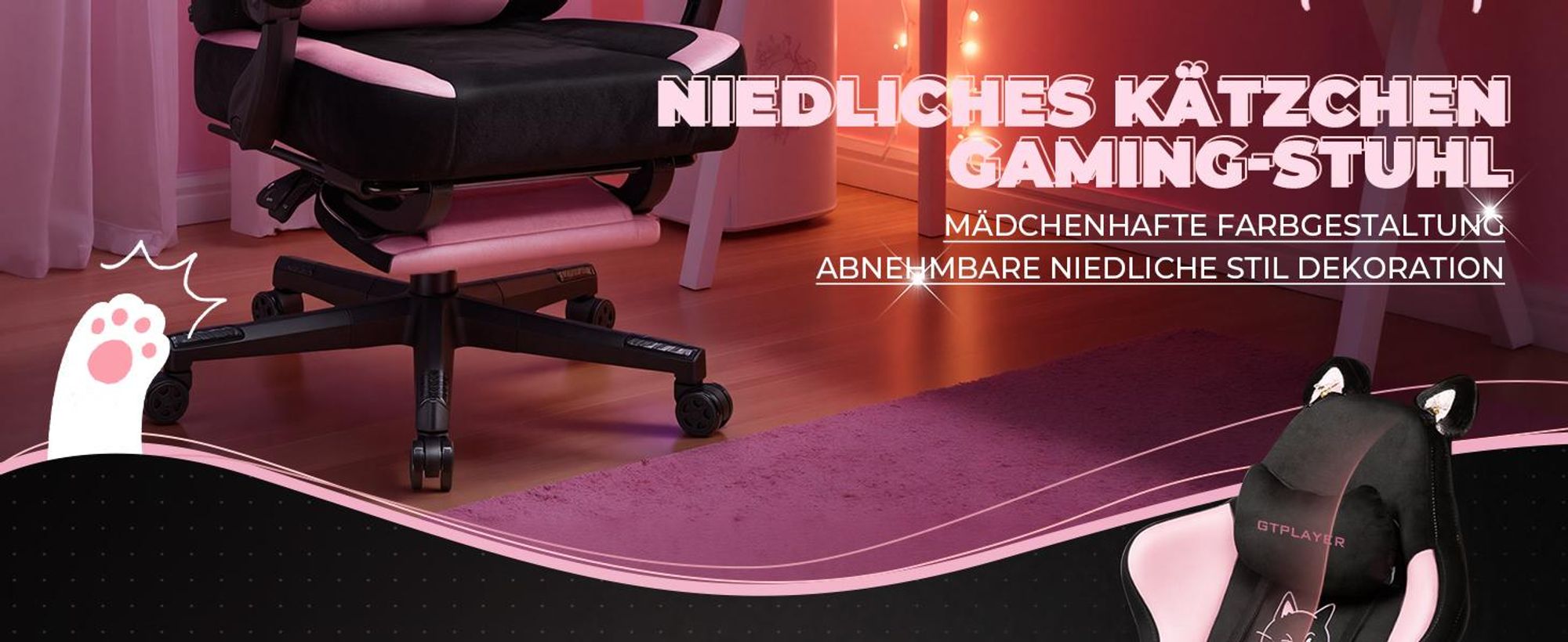 GTPLAYER Niedlicher Gaming Stuhl mit Samtstoff, Gaming Chair, ergonomischer Bürostuhl Gamer Stuhl mit Katzenohren, Memory-Schaum und Fußstütze, 150kg