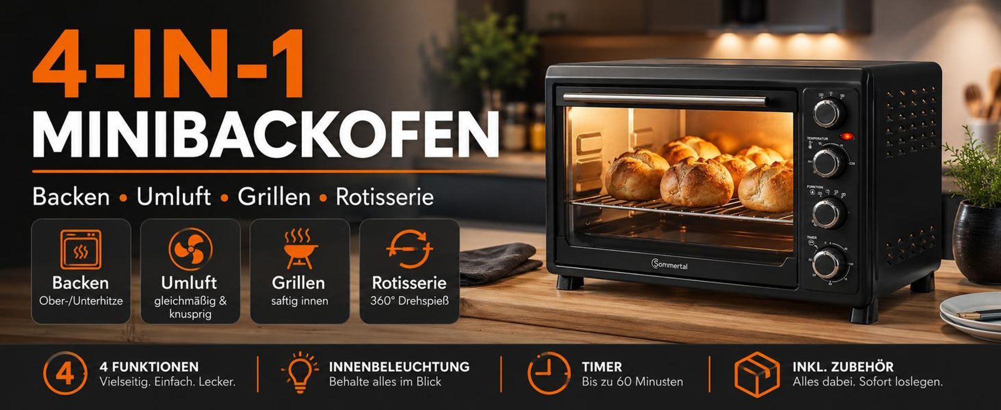Sommertal Minibackofen 45L mit Drehspieß & Umluft, 2000W, Hähnchengrill, Backen, Grillen & Pizza, Mini Backofen 45 Liter, 60 Min Timer, inkl. Zubehör