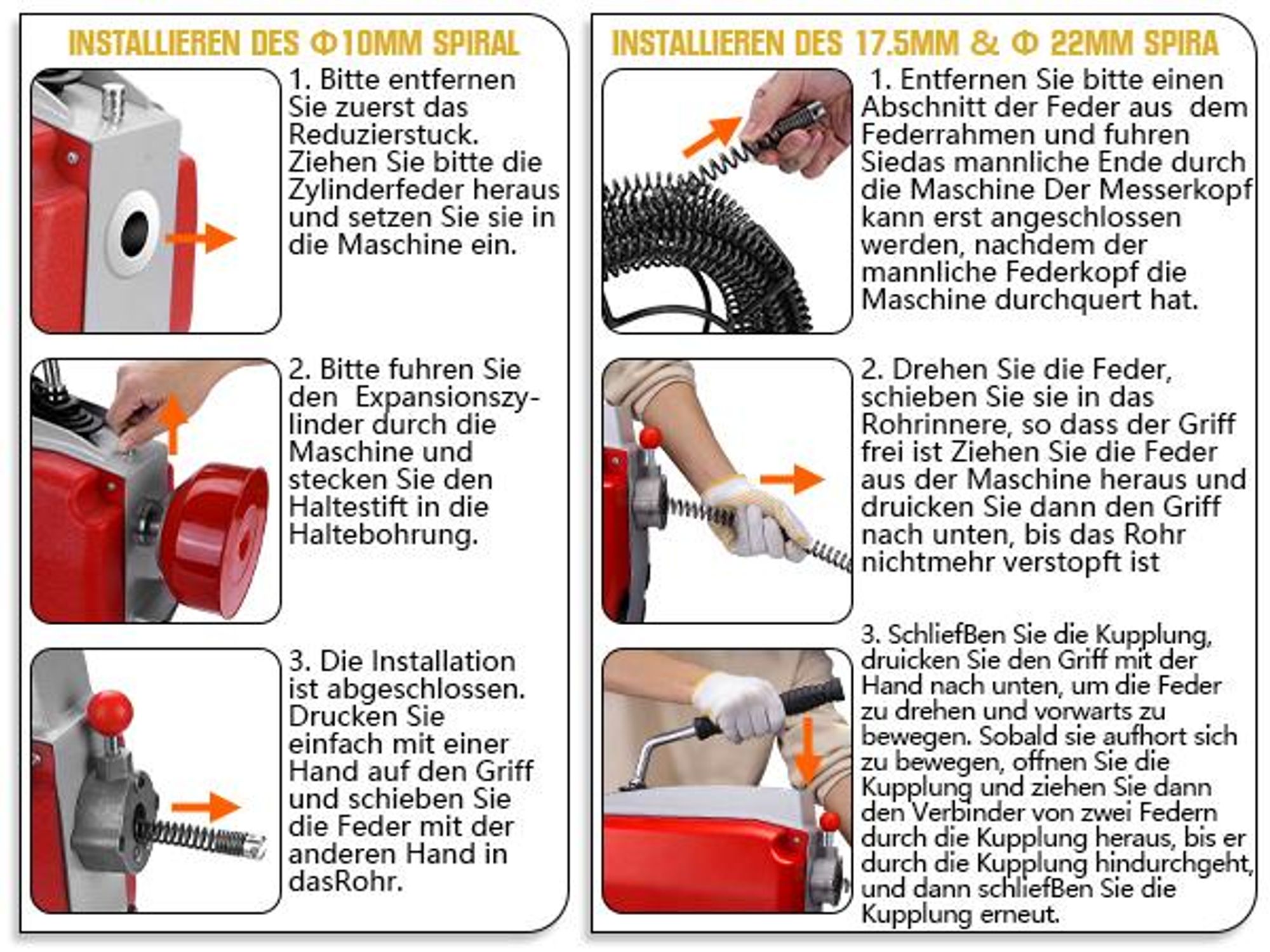 1250W Stark Rohrreinigungsgerät mit 17.5m*Ø22mm + 14m*Ø22mm Spirale, Alurahmen, Rollen, Rohrreinigungsspirale für Ø20–200mm Abflussverstopfung