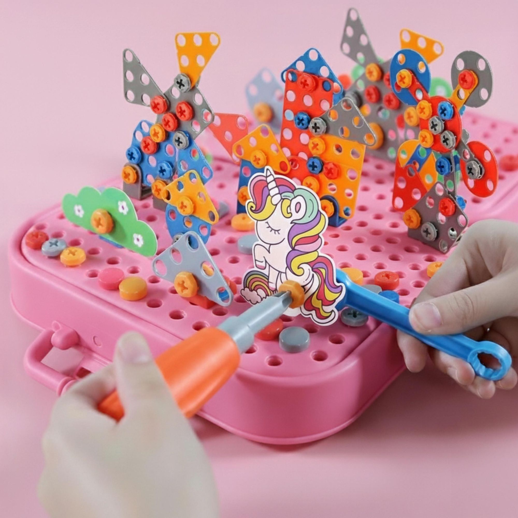 Einhorn Konstruktionsspielzeug 228 Teile, Montessori Werkzeugkasten mit Elektroschrauber, 3D Mosaik Steckspiel ab 3 Jahren, EVI TOYS Unicorn