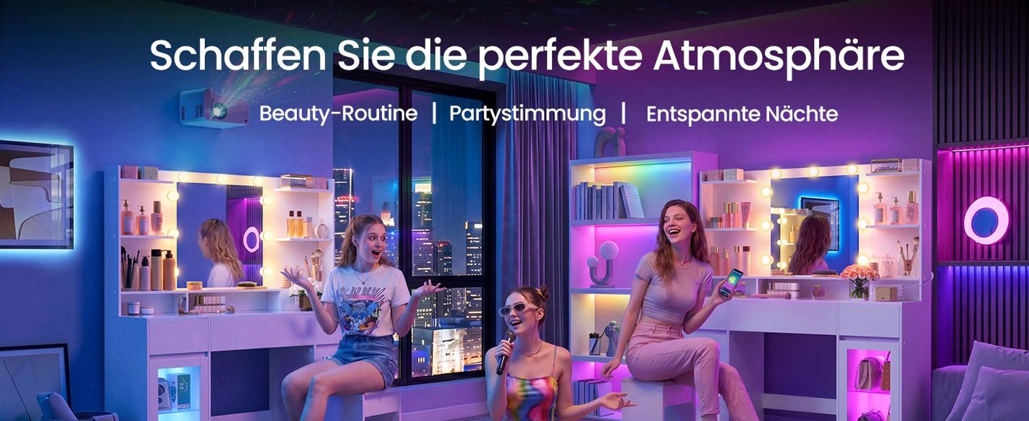 VASAGLE Schminktisch mit Spiegel, RGB-Beleuchtung, Steckdose und 2 Schränken, 107 x 40 x 144,5 cm, Weiß