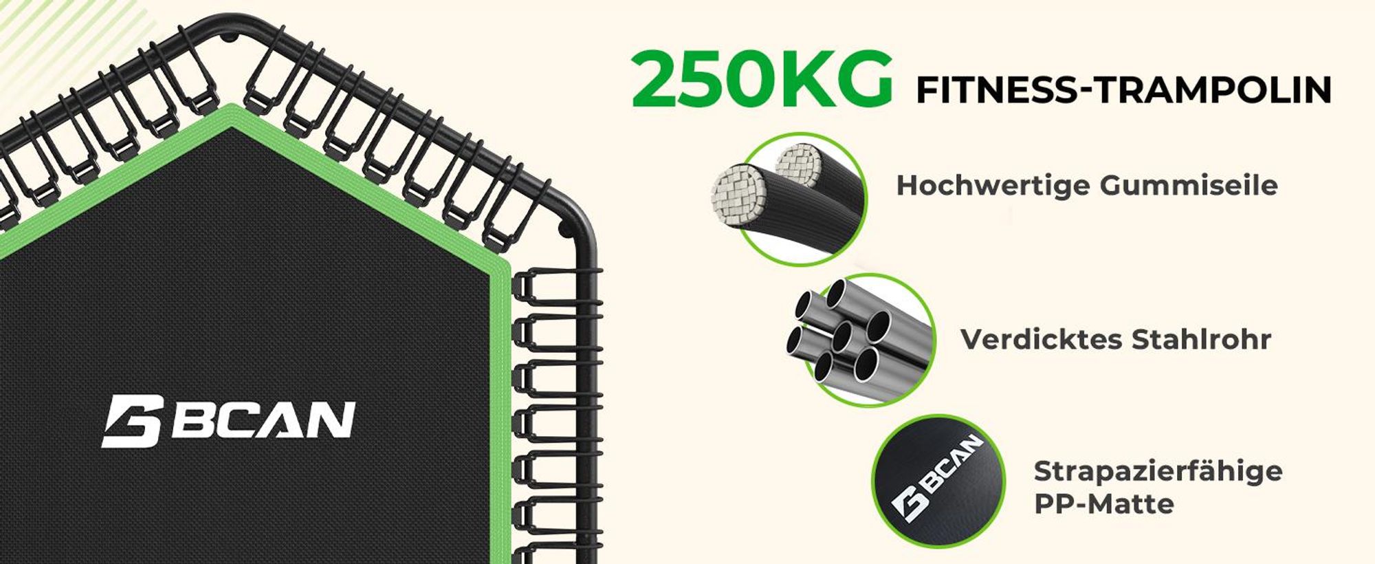BCAN Fitness Trampolin Indoor Ø 122 cm, Trampolin Erwachsene bis 250 kg, Bodentrampolin mit verstellbarem T-Griff & 42 Gummiseilen