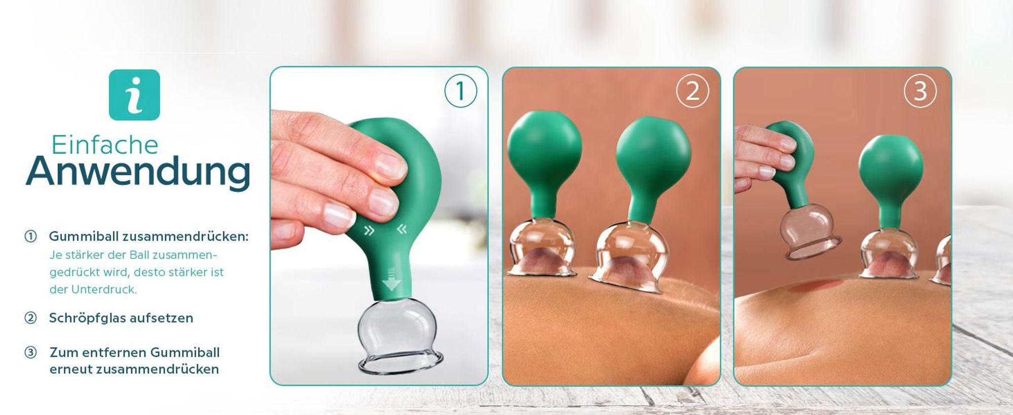 KURGLAS Schröpfgläser aus Echtglas [5 Stück] – Medizinisches Schröpfen mit Saugball & Faszienschaber – Schröpfen mit starker Saugleistung – mit e-Book