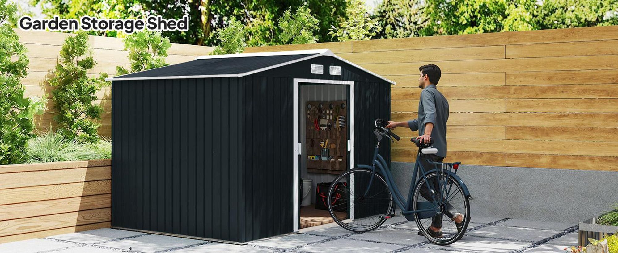 Domek ogrodowy Outsunny 4,9 m², z dachem dwuspadowym, drzwiami przesuwnymi, fundamentem, 277 x 195 x 192 cm, ocynkowany stalowy domek narzędziowy, odporny na warunki atmosferyczne, do ogrodu, ciemnoszary