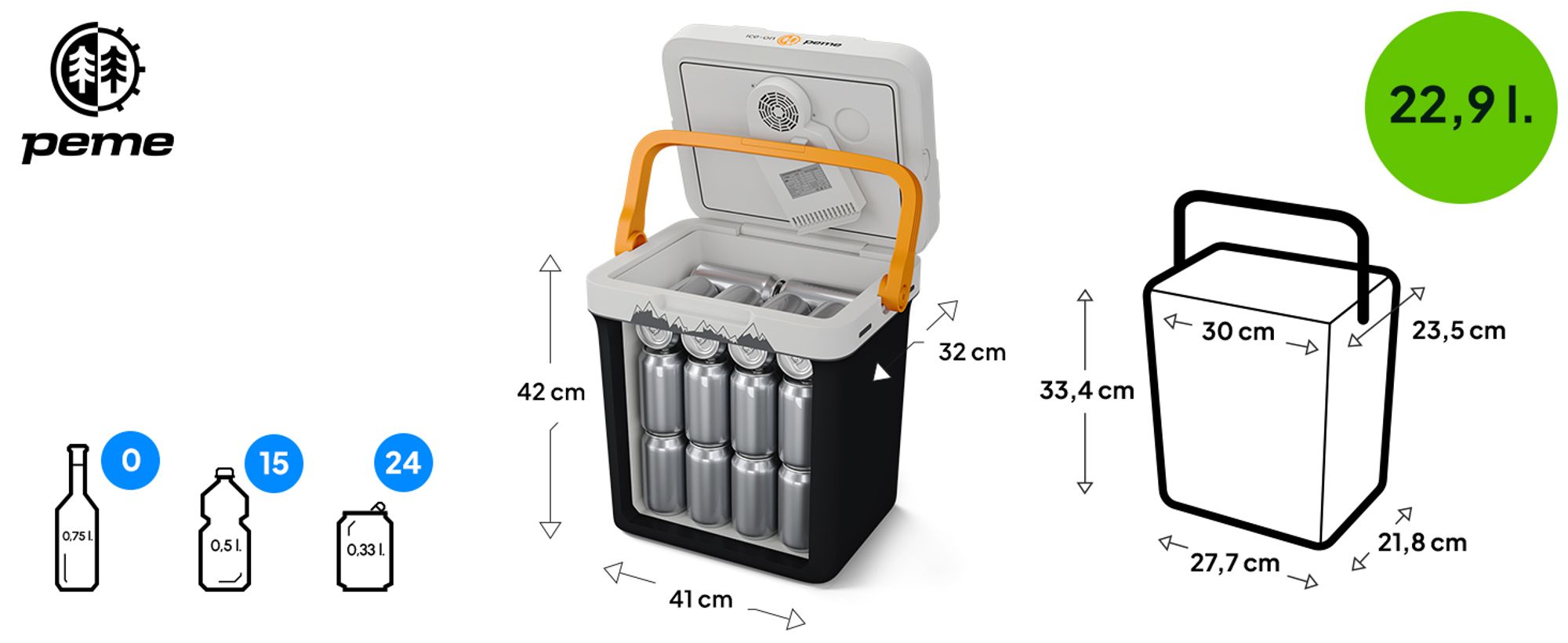 PEME Essential 23L Elektrische Kühlbox 12V 230V - Thermoelektrisch Kühltasche Auto Camping Mini Kühlschrank Warmhaltebox USB ECO Reise Schwarz Orange