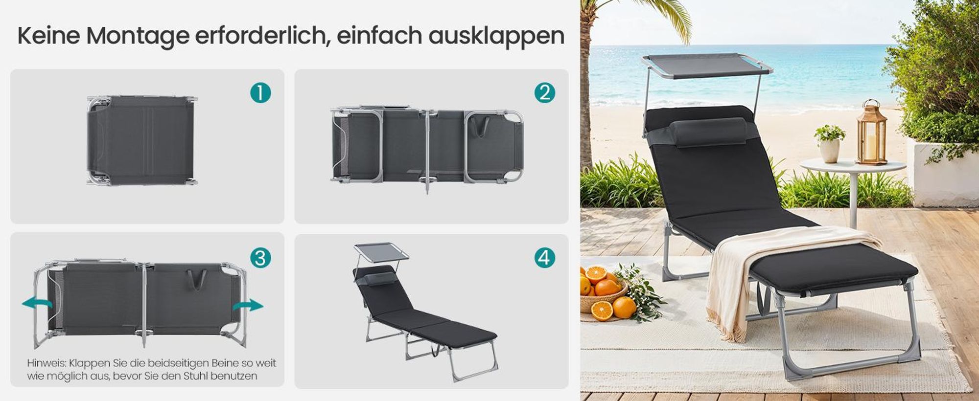 SONGMICS Gartenliege, 3 cm dick Auflage, Rückenlehne verstellbar schwarz