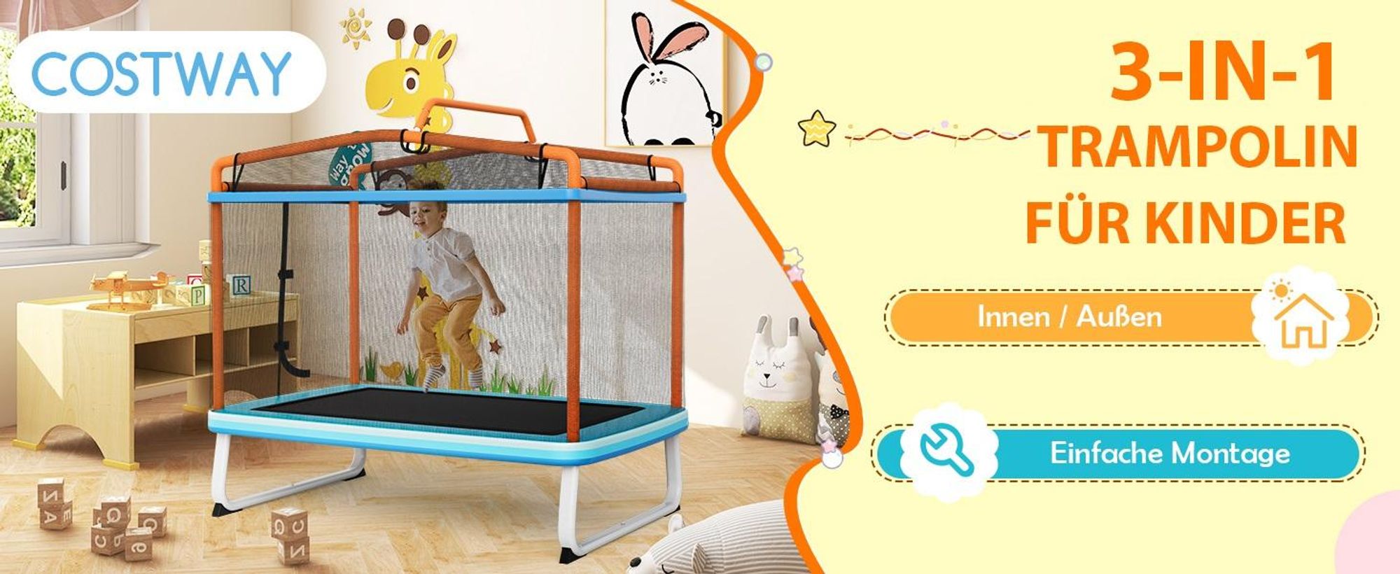 COSTWAY 3 in 1 Kindertrampolin, Gartentrampolin rechteckig mit Schaukel, Reckstange, Fitness Trampolin mit Sicherheitsnetz & Randabdeckung, Indoor-/Outdoortrampolin 190 x 124 x 172 cm Blau + Orange