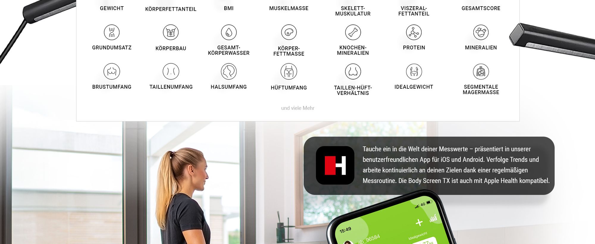 HAMMER Körperanalysewaage Body Screen TX, schwarz, 8 Sensoren, 15 Messungen inkl. App