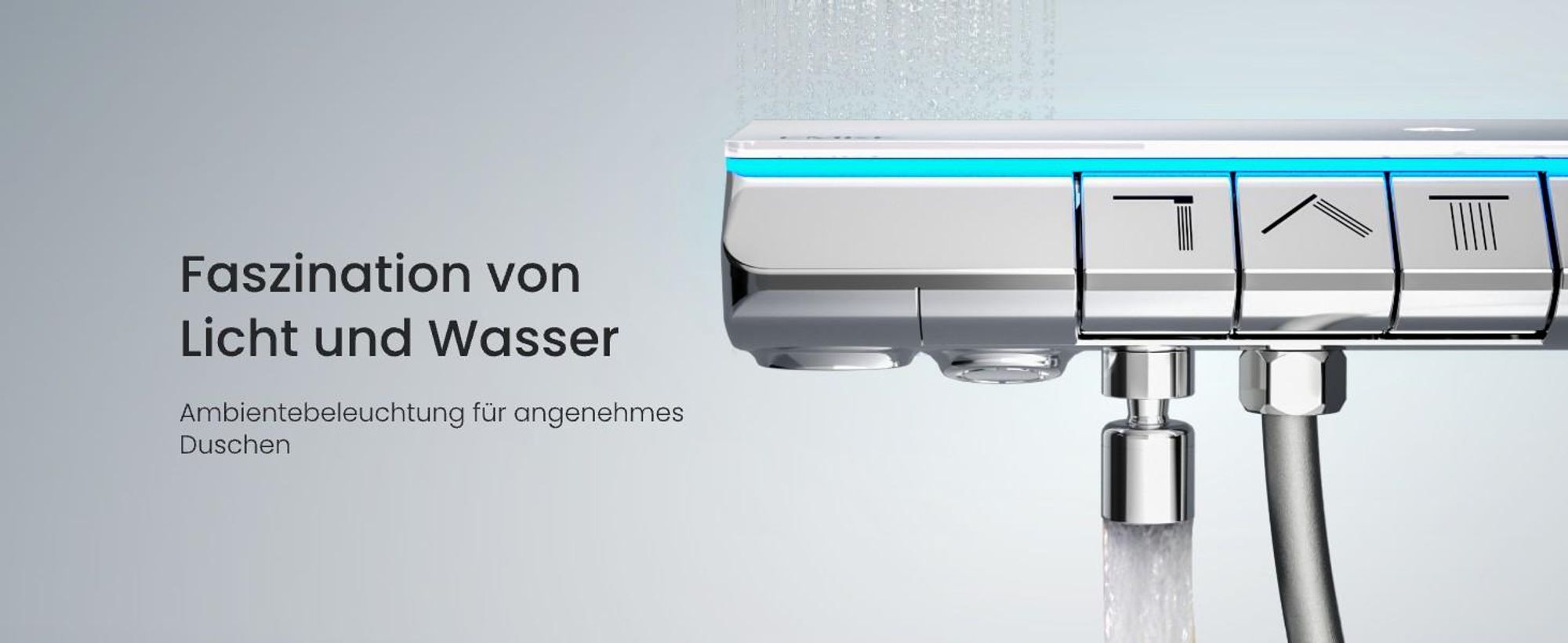 EMKE® Duschsystem mit Thermostat Chrom mit LED-Ambientebeleuchtung blau, Digitalanzeige, Regendusche 250mm, Badewannenauslauf & Glasablage F25