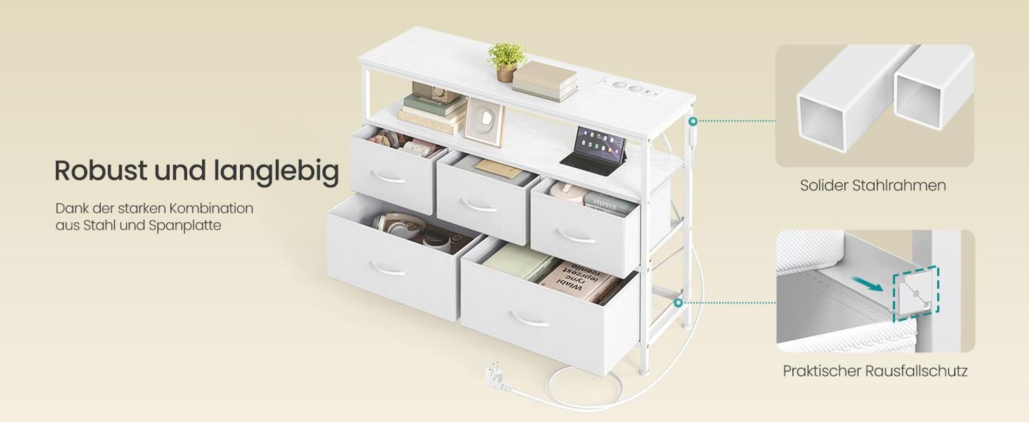 SONGMICS Kommode mit LED-Beleuchtung, Sideboard, Schubladenschrank für Wohnzimmer, mit Ladestation, 5 Schubladen, weiß
