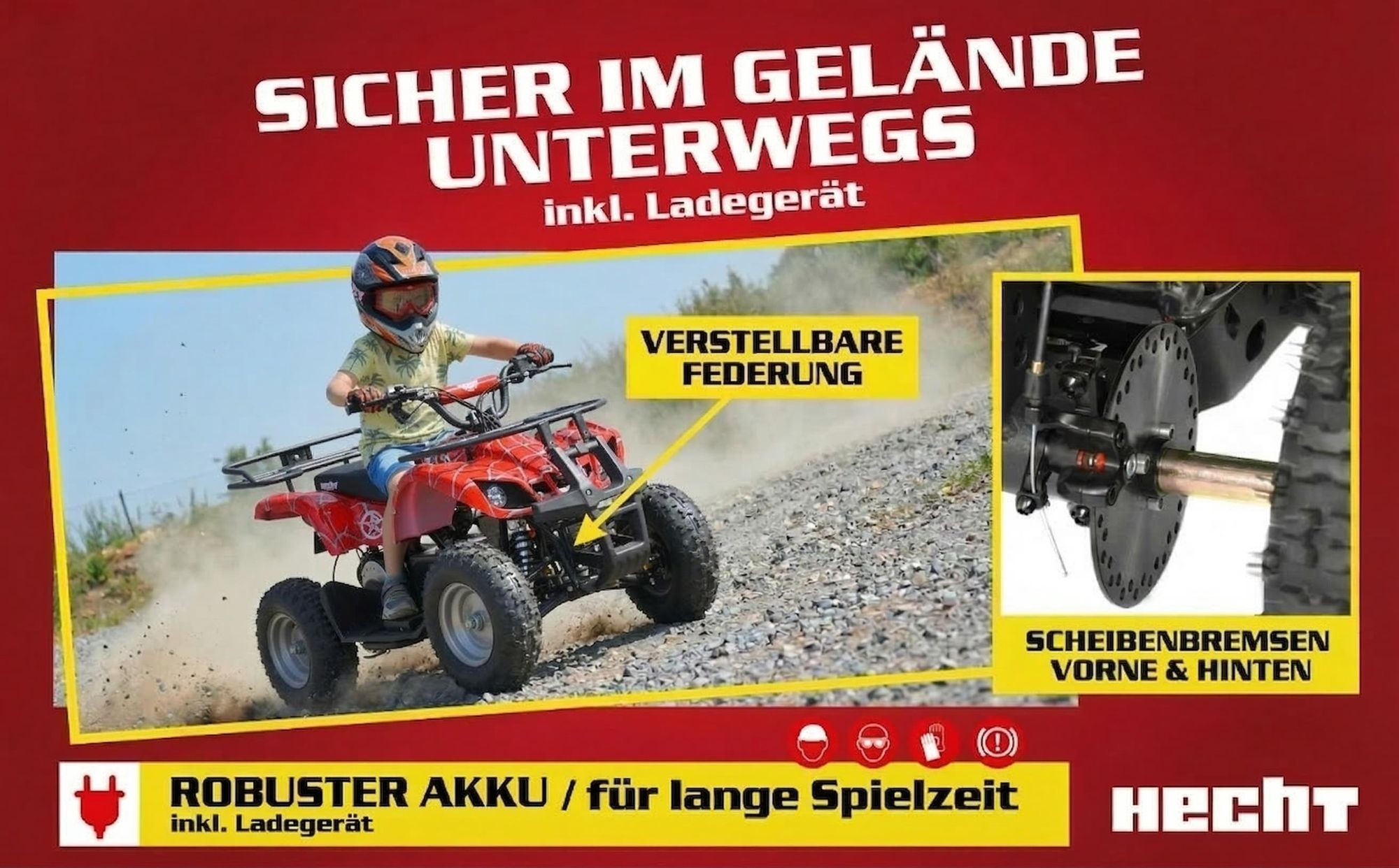 HECHT 56100 Kinder Quad Elektro | 1000W | bis 25km/h | bis 65kg | Scheibenbremsen | 36V | 12Ah Akku