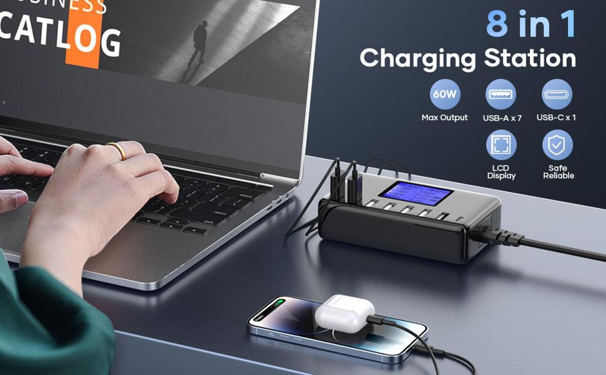 USB Ladegerät, USB Ladestation, 60W 12A 8 Ports Ladestation für Mehrere Geräte, mit LCD Display, USB C Hub für iPhone iPad Android Samsung Huawei