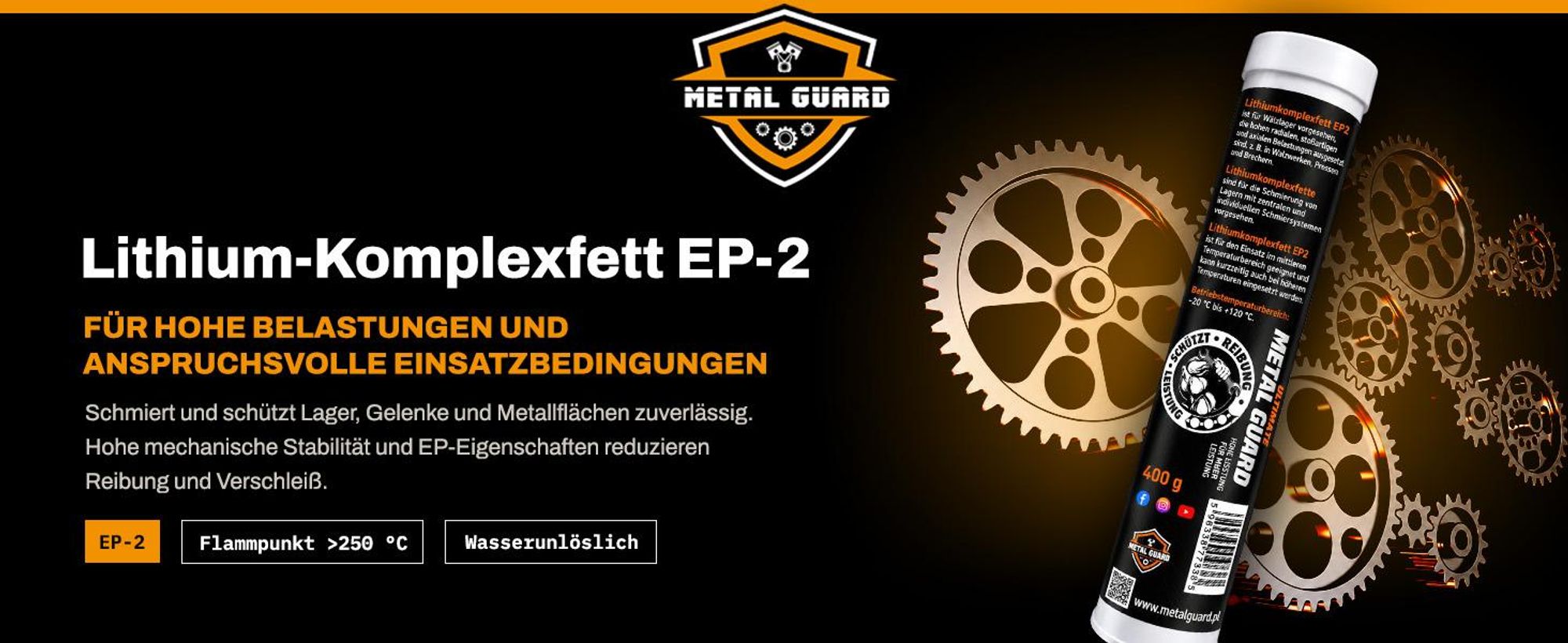 Metal Guard Lithium-Komplexfett EP2 Kartusche 400 g wasserfest Hochdruck Schmierfett Lager Industrie Auto Maschinen Landwirtschaft