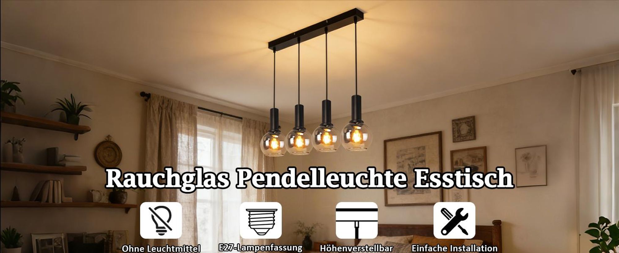 ZMH Hängeleuchte Esstisch Hängelampe E27 4 Flammig Esszimmerlampe Höhenverstellbar Industrial Hängeleuchte Vintage für Schlafzimmer Büro Rauchgrau