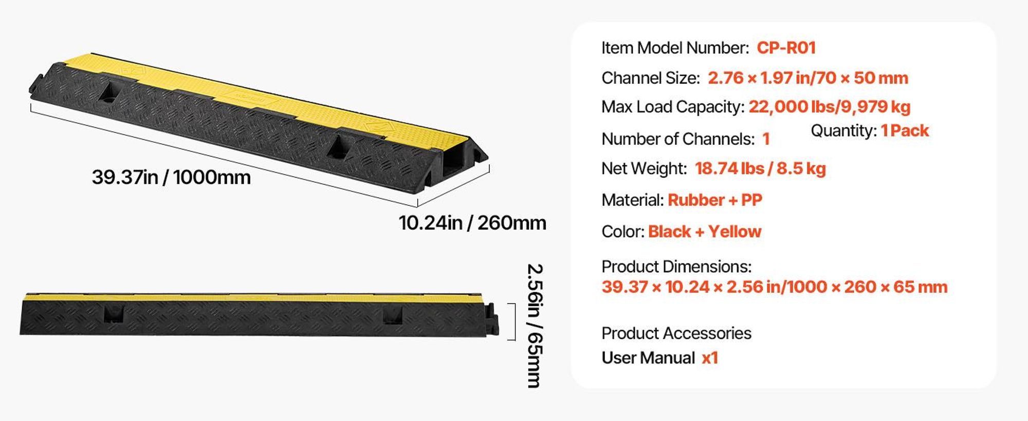VEVOR 1000 mm Kabelbrücke, 9979 kg Tragkraft, 1-Kanal-Überfahrschutz aus Gummi, Stolperschutz, Bodenabdeckungen, für Bereiche mit hoher Schwelle, Zuhause, Büro, Lager, 1 Stk.