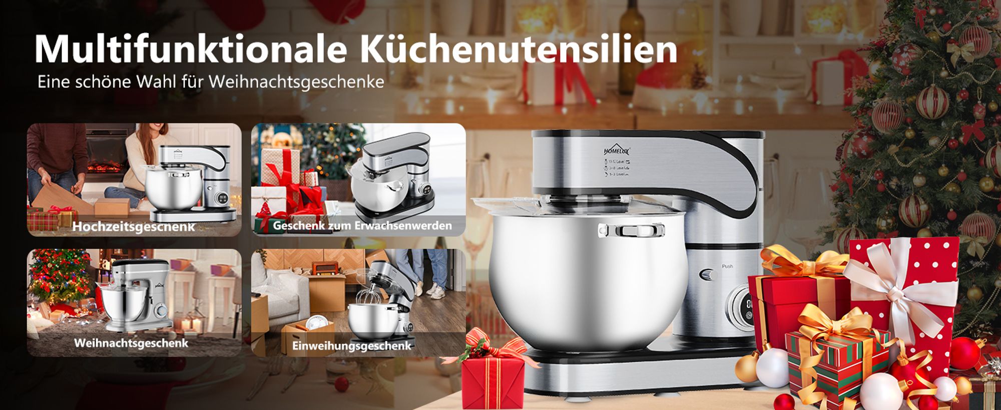 HOMELUX 2500W Küchenmaschine Multifunktional Knetmaschine, 12L Knetmaschine inkl 4-Teiligem Patisserie-Set und Spritzschutz, 12 Geschwindigkeit