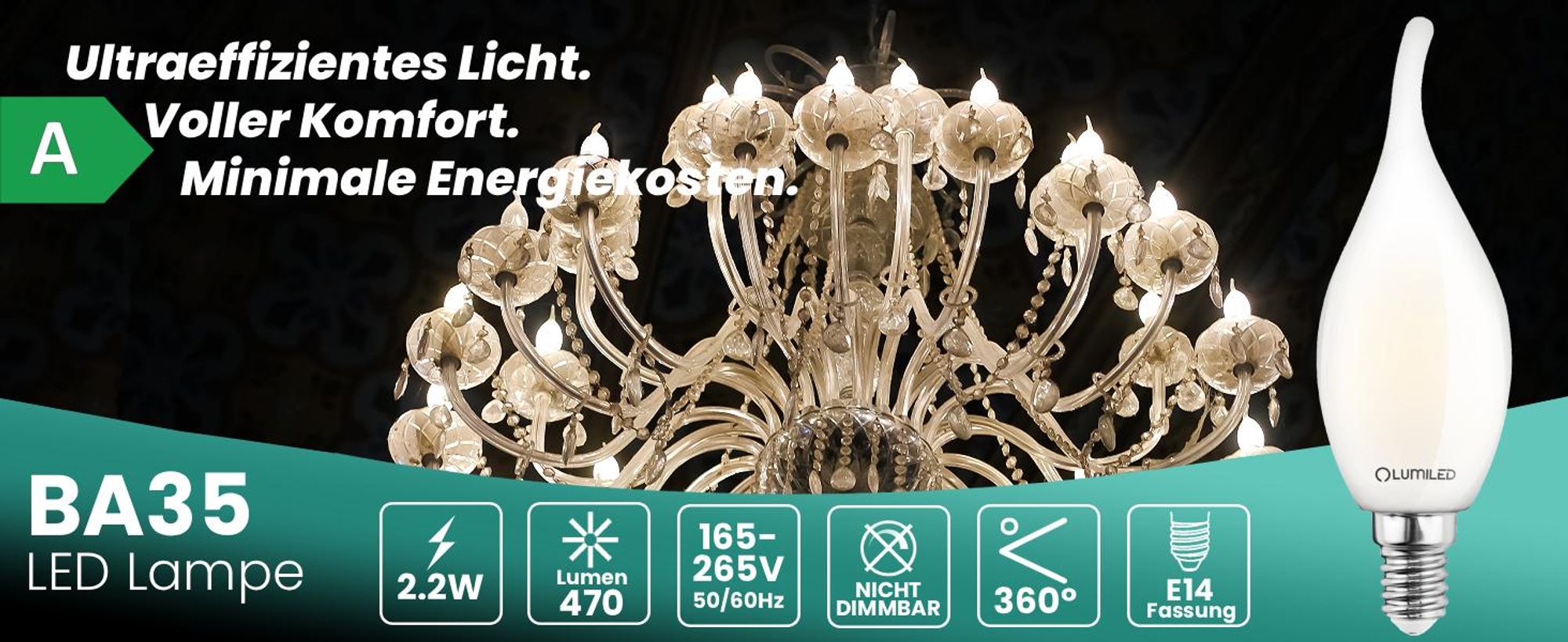 LUMILED 6er Set LED Kerzenlampe BA35 E14 Windstoß Ultraeffizient 2,2W 470lm Ersatz 40W 2700K Warmweiß Filament Milchglas 360° Abstrahlwinkel Nicht Dimmbar