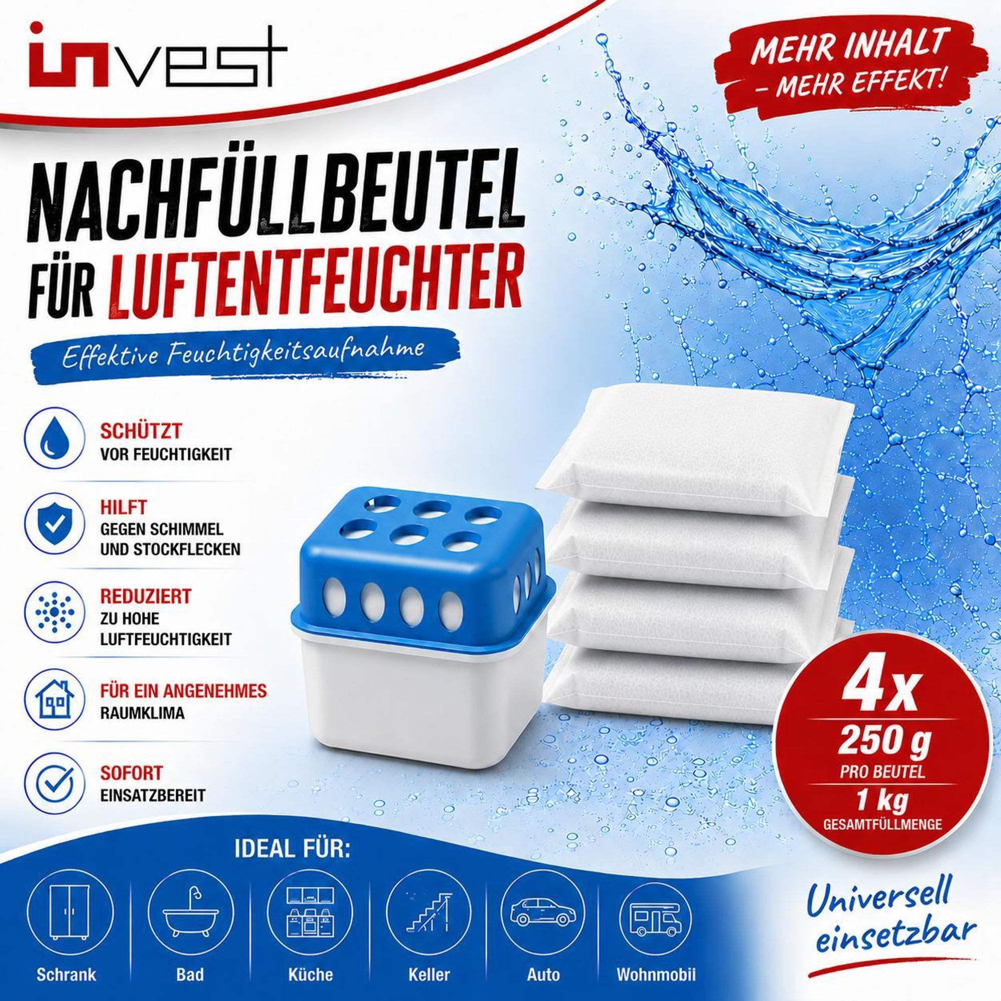 Invest 4x Nachfüllgranulat für Luftentfeuchter, Raumentfeuchter Nachfüllbeutel