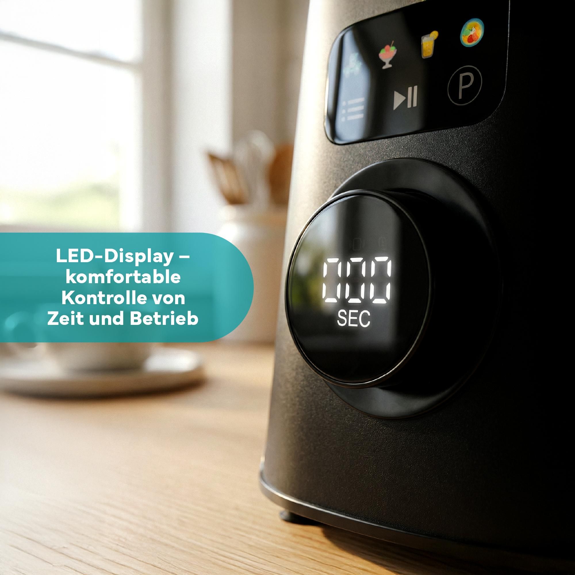 Intelligentes LED-Touch-Display mit Auto-Clean-Funktion und Programmen für Smoothies und Ice Crush.