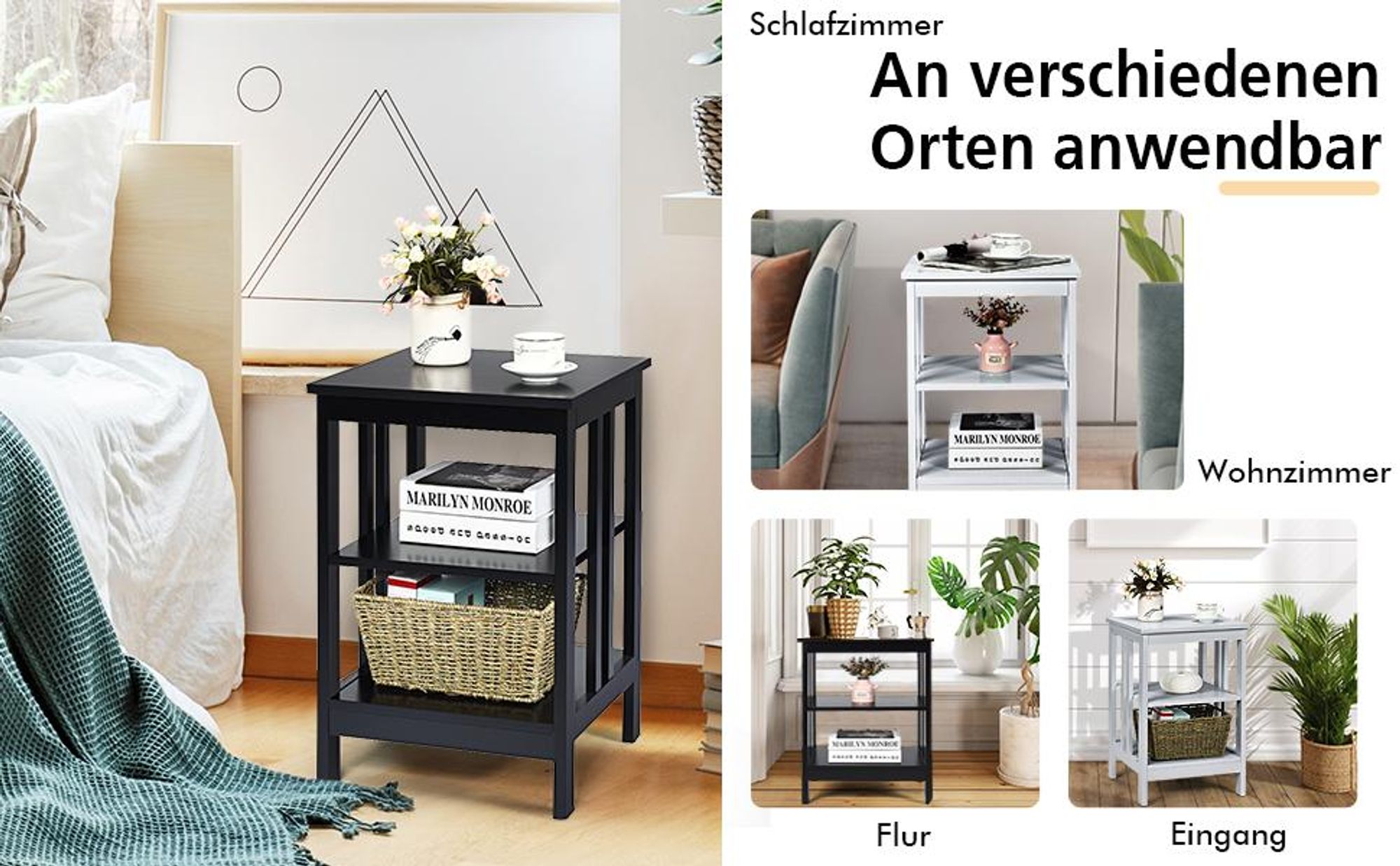 COSTWAY Nachttisch 3 Ebenen, 2er Set Beistelltisch Nachtschrank, Sofatisch Couchtisch für Schlafzimmer, Wohnzimmer 40x40x61cm (II-förmig, Braun)