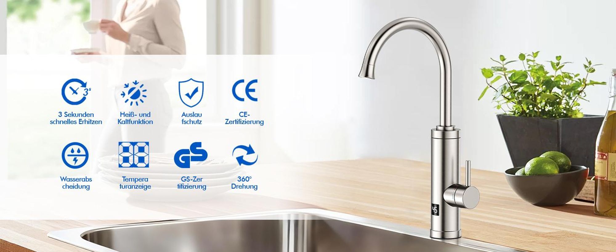 Homelody Elektrischer Wasserhahn mit Durchlauferhitzer, 230V 3300W Elektrischer Küchenarmatur mit LED Temperaturanzeige 360° Drehung SUS304 Edelstahl