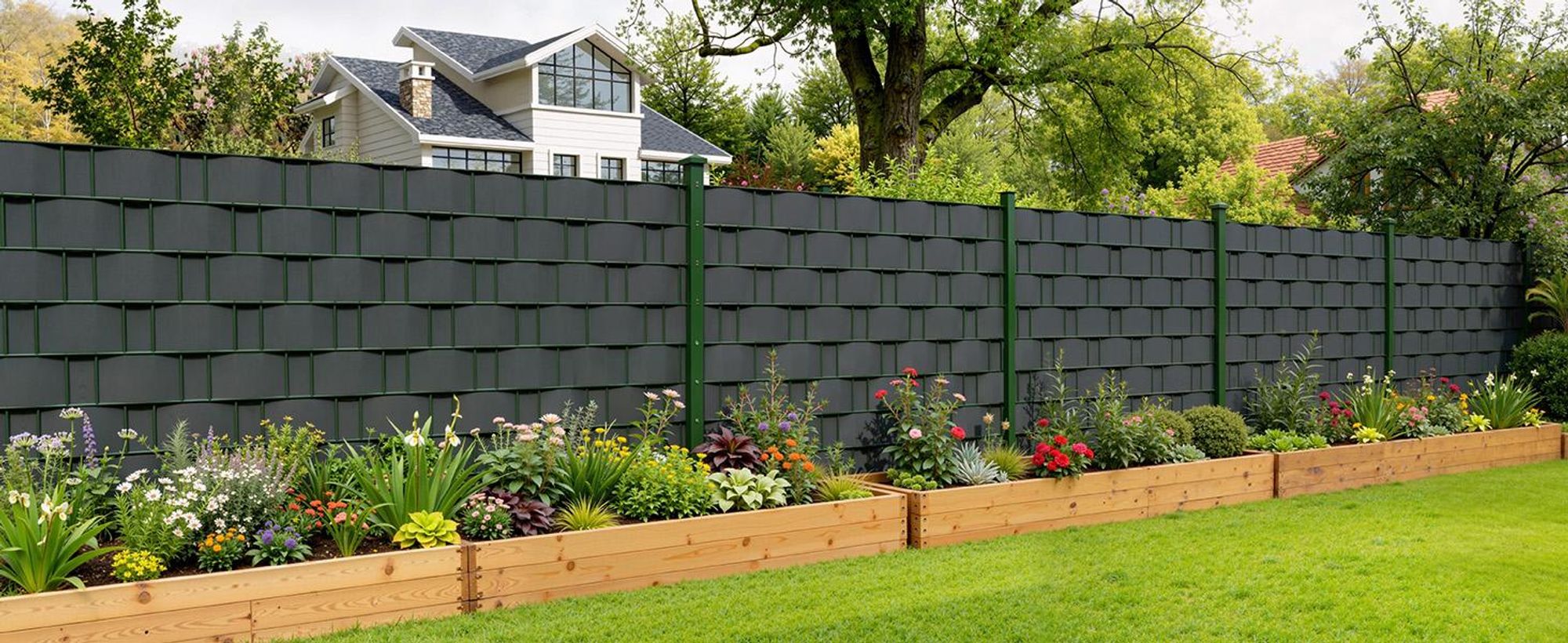 Ribelli Sichtschutzstreifen Garten Sichtschutz Zaun，Dunkelgrau/Hellgrau/Grün，PVC ca. 35 Meter x 19 cm inkl. 30 Clips, 420g/㎡