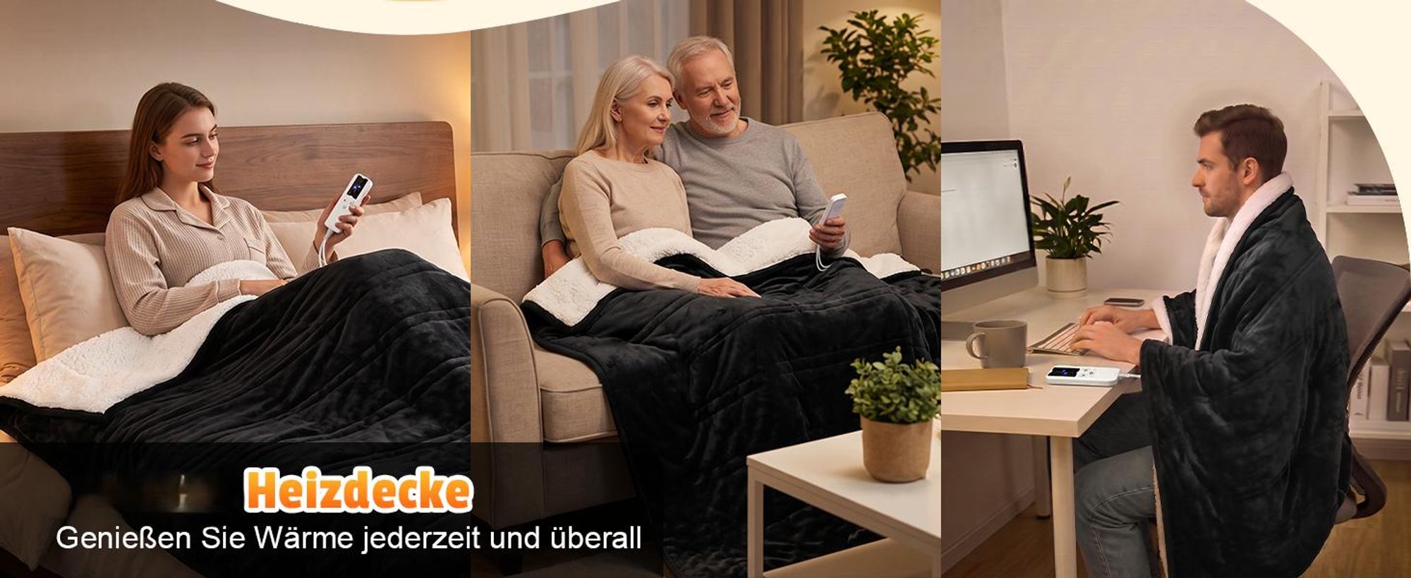 ZMH Elektrische Heizdecke 200x180cm Schwarz Kuschelheizdecke mit Timer 6 Temperatureinstellungen Wärmeunterbett Flanell Wärmedecke Fur Bett Sofa
