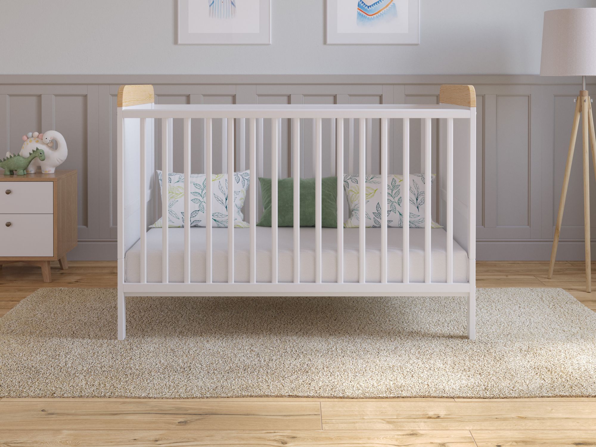 Babybett Beistellbett 120x60 cm mit Matratze,Gitterbett Komplett Set,Umwandelbar in Juniorbett Weiß-Kiefer